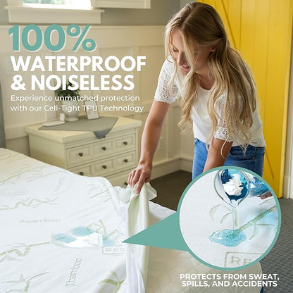 King Size 78x80” Premium Bamboo Waterproof Mattress Protector, 100% Viscose from Bamboo, Hypoallergenic, Cooling Mattress Pad Cover, Soft & Breathable Fitted Sheet Style up to 18" Deep - Rest Line