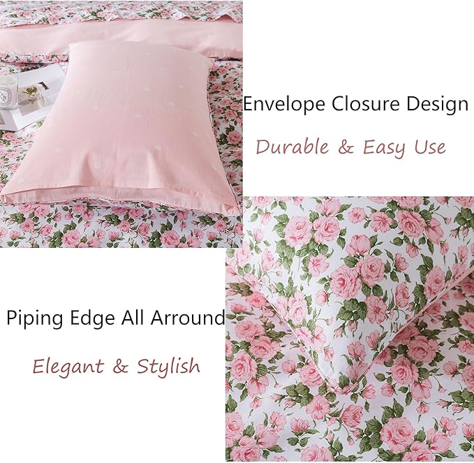 FADFAY Duvet Cover Set Pink Rose Floral Bedding Vintage Peony Flower Quilt Cover Set Shabby Farmhouse Bedding 100% Cotton Comforter Cover with Hidden Zipper Closure 3Pcs, King/California King Size