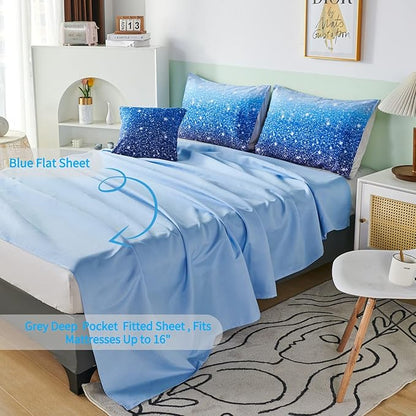 RYNGHIPY 6Pcs Gradient Aqua Blue Navy Ombre Comforter Sets with Sheets Pillowcases, Queen Size Sparkle Glitter Design Comforter Bedding Collections for Kids Boys and Girls