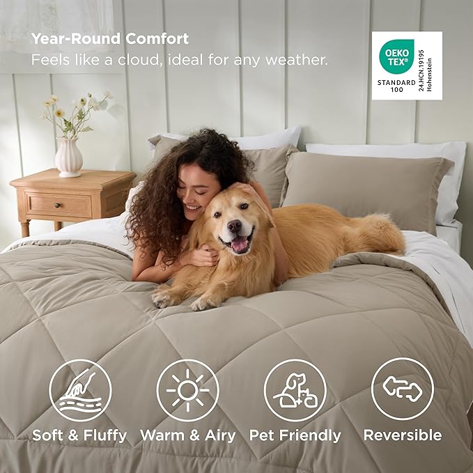Bedsure Full Size Comforter Set - 7 Pieces Reversible Beige and White Bedding, Full Size Bed Set for All Seasons, Bed in a Bag with Down Alternative Comforter, Sheets, Pillowcases & Shams