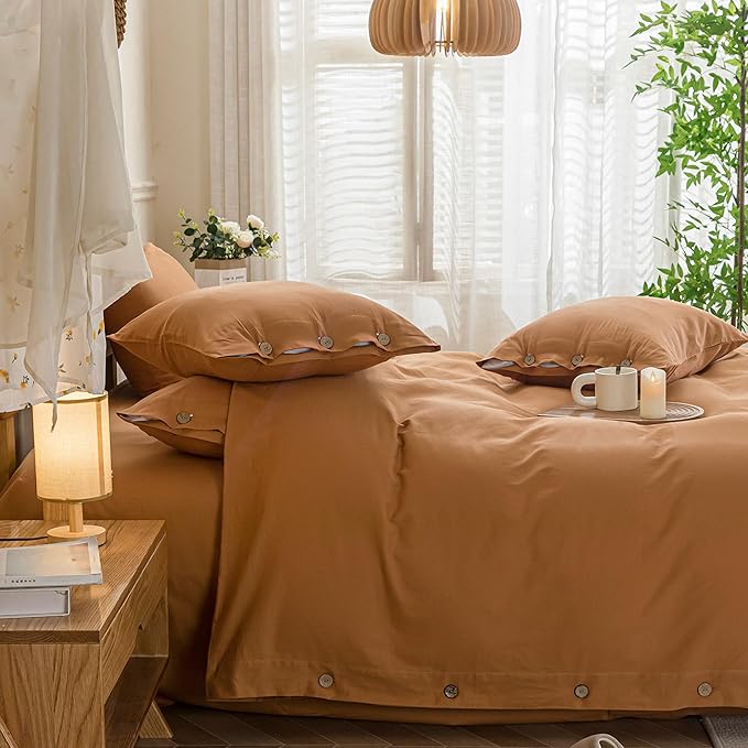 JELLYMONI Cotton Duvet Cover Cal King Size - Burnt Orange Comforter Cover with Button 100% Washed Cotton 3PCS Breathable Soft Solid Bedding Set Duvet Cover 104×98in & 2 Pillowcases (NO Comforter)