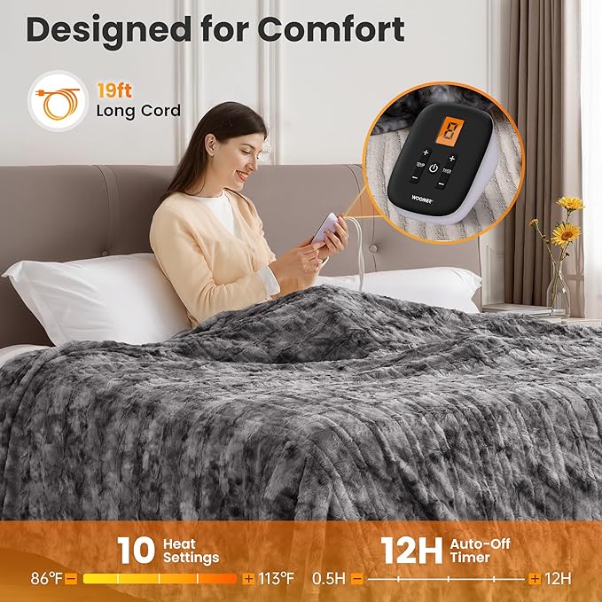 WOOMER Heated Blanket Full Size Electric Blanket 77"x 84", Soft Faux Fur Fast Heating Blanket, 10 Heating Levels & 0.5-12H Auto Off, Over-Heat Protection, ETL Certification
