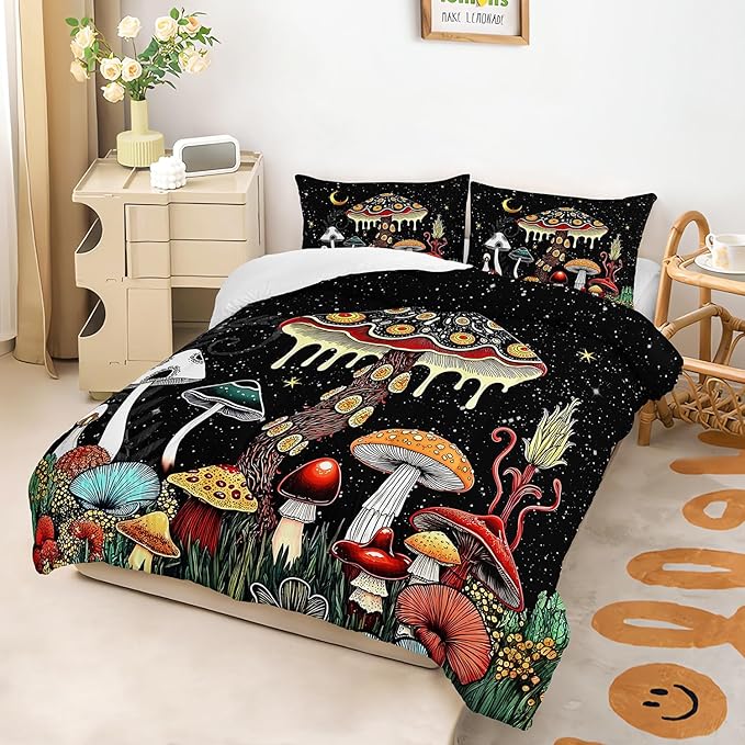Kids Cute Mushroom Comforter 3Pcs Twin Natural Wild Botanical Fungus Bedding Set for Kid Teen Girl Boy Adult Plants Floral Moon Night Star Quilt Bed Decor with 1 Comforter and 2 Pillowcases
