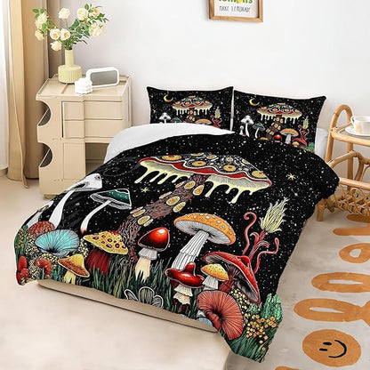 Kids Cute Mushroom Comforter 3Pcs Twin Natural Wild Botanical Fungus Bedding Set for Kid Teen Girl Boy Adult Plants Floral Moon Night Star Quilt Bed Decor with 1 Comforter and 2 Pillowcases