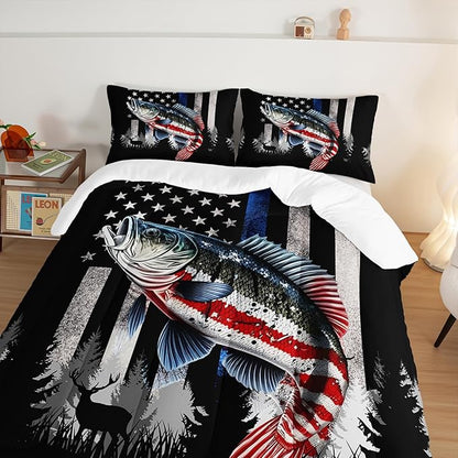 HOSIMA Soft Microfiber Black Full Size Comforter with 2 Pillowcases,American Flag Striped Bass Pattern Bedding Sets,Fishing Comforter Kids Men Boys Room Decor,Bed in a Bag Full Size for Teens.