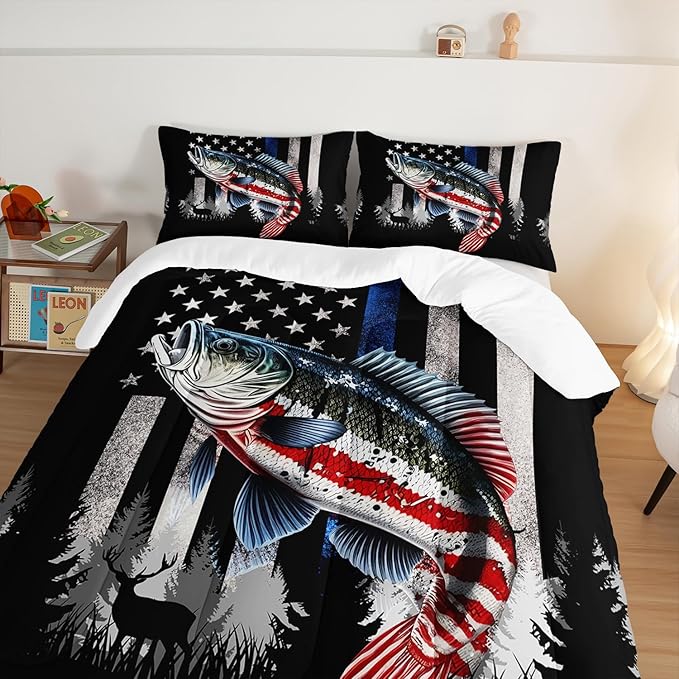 HOSIMA Soft Microfiber Black King Size Comforter Set with 2 Pillowcases,American Flag Striped Bass Pattern Bedding Sets,Fishing Comforter Kids Men Boys Room Decor,Room Essentials for Men.