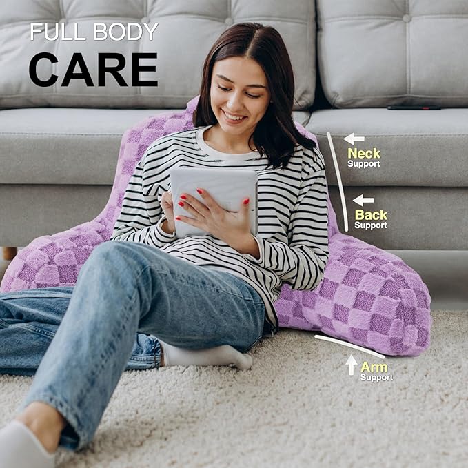 Aimuan Reading Pillow Checkered Bed Rest Wedge Backrest Checkerboard Pillow with Arms Back Support for Sitting Up in Bed Cushion Incline Rest Sleeping Snoring Pillow, Purple