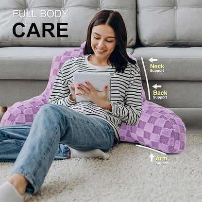 Aimuan Reading Pillow Checkered Bed Rest Wedge Backrest Checkerboard Pillow with Arms Back Support for Sitting Up in Bed Cushion Incline Rest Sleeping Snoring Pillow, Purple