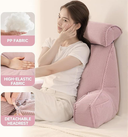 Reading Pillow for Sitting in Bed Adult & Teens, Large Backrest Pillow with Detachable Neck Support Cushion, Designed for Bed and Couch Sitting Up with Arms and Side Pocket.(Pink)