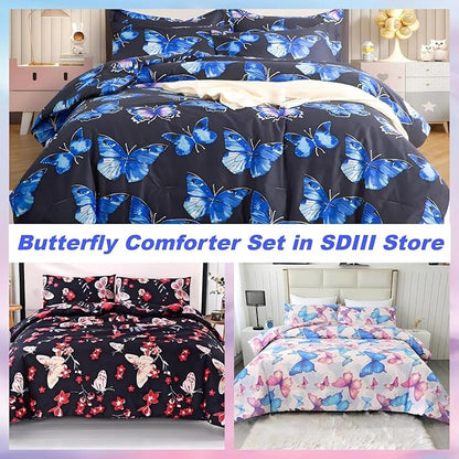 SDIII 3PCS Colorful Butterfly Comforter Set Queen, Soft Microfiber Lightweight Queen Butterfly Comforter, Butterflies Bedding for Girls Boys Kids Teens