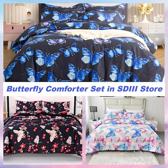 SDIII 3PCS Colorful Butterfly Comforter Set Twin, Soft Microfiber Lightweight Butterfly Comforter Twin, Butterflies Bedding for Girls Boys Kids Teens