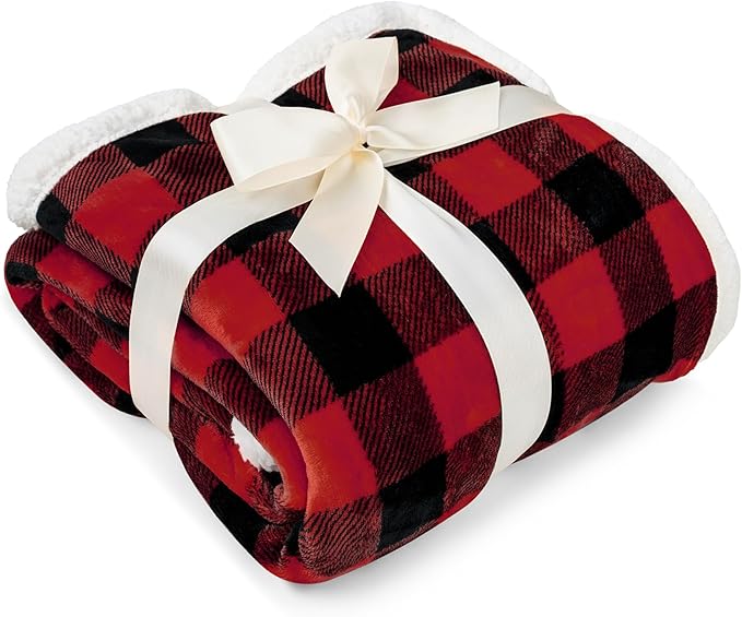 PAVILIA Black and Red Buffalo Plaid Sherpa Throw Blanket for Couch, Christmas Red Black Checkered Fleece Blanket and Throws, Soft Fuzzy Flannel Blanket for Sofa Bed, Cozy Winter, 50x60