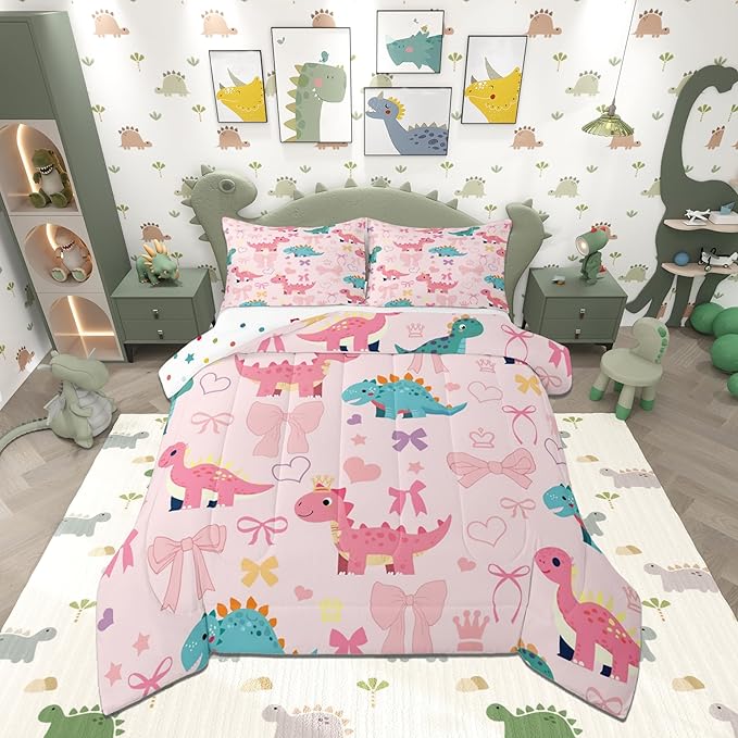 Cute Dino Kids Comforter Set Twin Size,Kawaii Bowknot Heart Princess Style Reversible Bedding Sets for Teens Bedroom Decor,Pink Dinosaur Bow Tie Cartoon Animal Quilted Duvet,1 Pillowcase