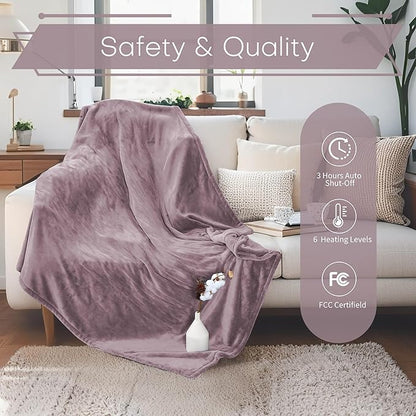 Electric Heated Blanket Throw Size 50"x60" - Flannel & Sherpa Fabric Dual-Sided, 6 Heat Settings & 1-3 Hours Auto Off, Soft & Cozy Machine Washable, Lavender Purple
