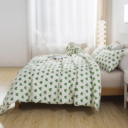 Caressma Sage Green Comforter Set King Size 3 Pieces, All Season Fluffy Soft Lightweight Bedding Set with Cute Heart(1 Comforter & 2 Pillowcases)