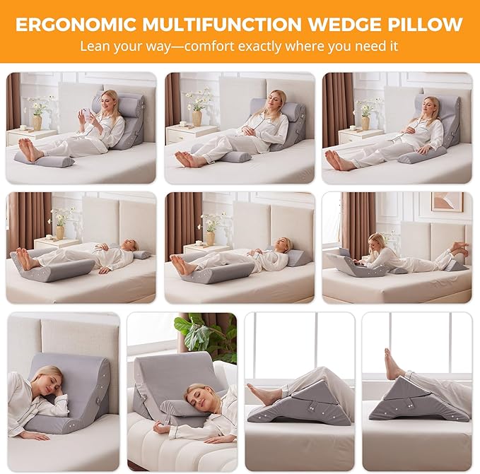 4PCS Wedge Pillow Set for After Surgery, 10-in-1 Adjustable Wedge Pillow for Acid Reflux Relief, Bed Wedge Pillows for Sleeping, Snoring & Back Pain Relief, Sit up Pillow for Bed, Plush Grey