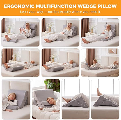 4PCS Wedge Pillow Set for After Surgery, 10-in-1 Adjustable Wedge Pillow for Acid Reflux Relief, Bed Wedge Pillows for Sleeping, Snoring & Back Pain Relief, Sit up Pillow for Bed, Plush Grey