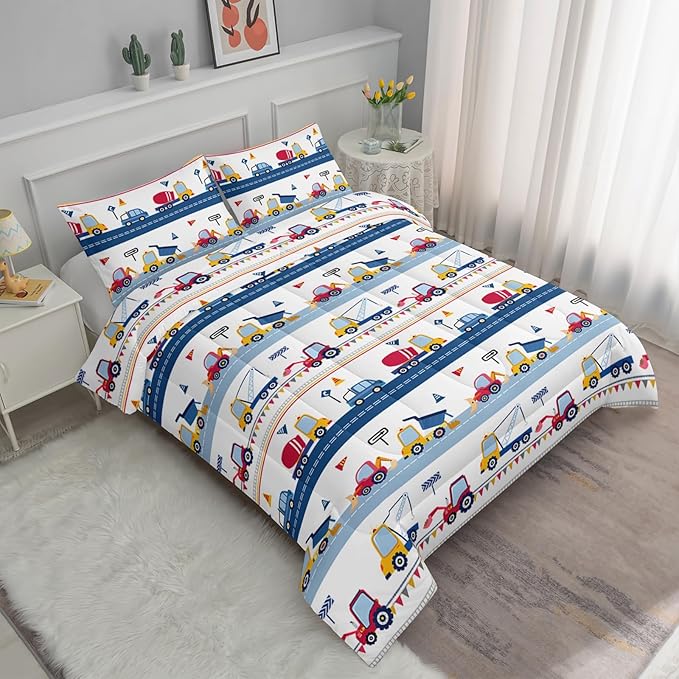 Axolotl Cartoon Car Kids Comforter Set King,Construction Bedding for Boys,Trucks Excavator Tractor Bed Set for Teens Adults Girls,3 Piece Colorful Cars Bedding with 1 Quilt 2 Pillowcases Blue Red