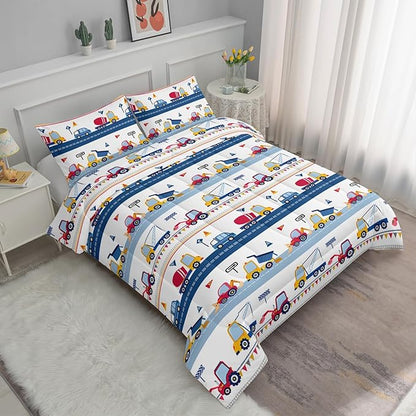 Axolotl Cartoon Car Kids Comforter Set King,Construction Bedding for Boys,Trucks Excavator Tractor Bed Set for Teens Adults Girls,3 Piece Colorful Cars Bedding with 1 Quilt 2 Pillowcases Blue Red