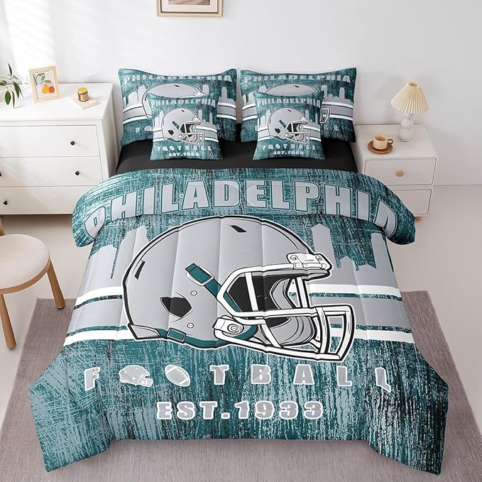 Erosebridal 7Pcs Boys Classic Football Seasonal Bedding Set Sports City Rugby Decor Bed in A Bag, Football Game Theme Comforter Sets with Sheets Grey and Turquoise Sports Helmet Bed Set Queen Size