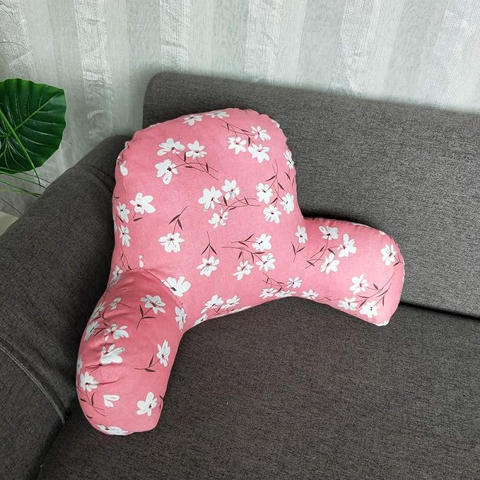 Bohemian Printed Reading Pillow with Support Arms Soft Bed Rest Pillows Back Support Cushion for Kids Reading Watching TV Sitting Up in Bed (23"×16"×10",Pink Floral)