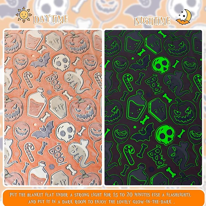 Halloween Blanket Gifts for Kids Adults - Glow in The Dark Halloween Throw Blanket with Spooky Pumpkin Bat Ghost Spider Print, Soft Cozy Orange Fall Fleece Throws for Couch Bed Home Decor 50"x60"