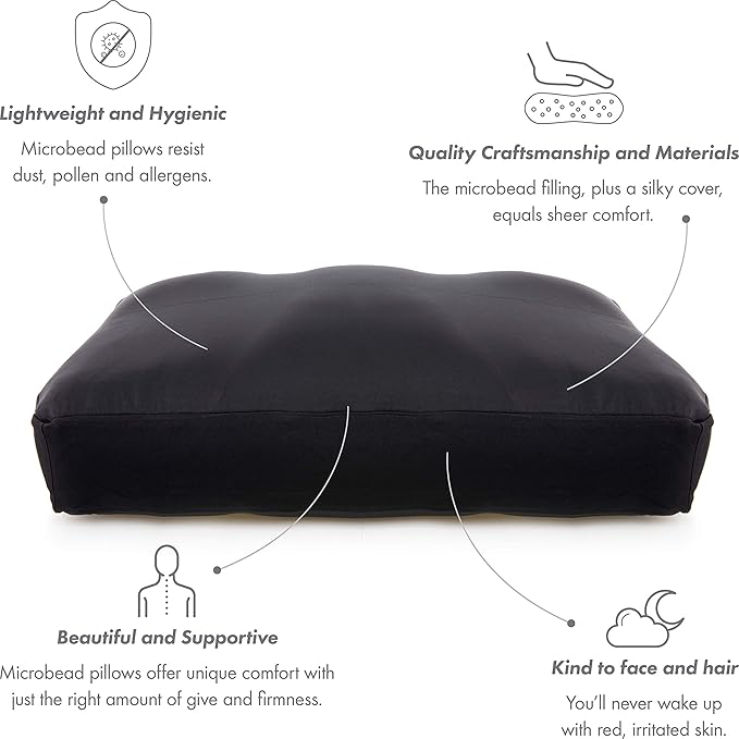PILLOWY Premium Microbead Bed Pillow, Large Extra Fluffy But Supportive - Ultra Comfortable Sleep with Silk Like Anti Aging Cover 85% Spandex/ 15% Nylon Breathable, Cooling Matte Black
