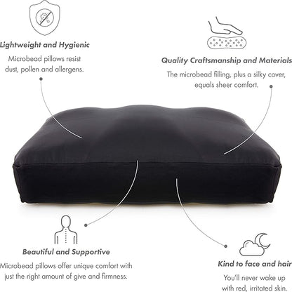 PILLOWY Premium Microbead Bed Pillow, Large Extra Fluffy But Supportive - Ultra Comfortable Sleep with Silk Like Anti Aging Cover 85% Spandex/ 15% Nylon Breathable, Cooling Matte Black