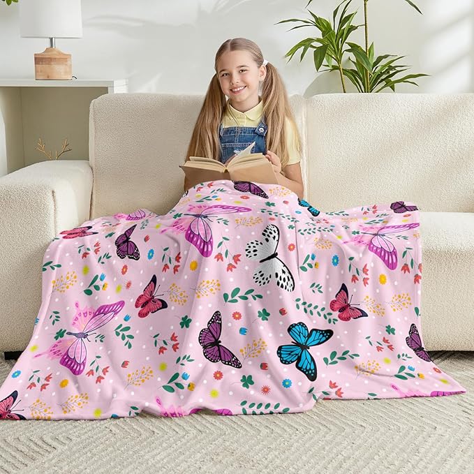 Butterfly Kids Throw Blanket for Girls Teens Toddler Pink Soft Fuzzy Flannel Bed Blanket Colorful Flowers Birthday Gifts for Women Girls Kids Teens Adults, 60”x80”