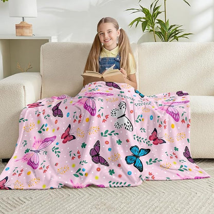Butterfly Kids Throw Blanket for Girls Teens Toddler Pink Soft Fuzzy Flannel Bed Blanket Colorful Flowers Birthday Gifts for Women Girls Kids Teens Adults, 60”x80”