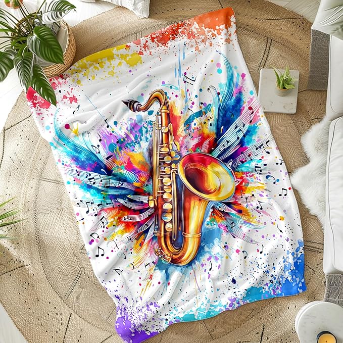 Music Saxophone Blanket for Kids Teens Adults, Music Note Throw Blanket Gifts for Music Lovers Boys Girls, 40x50 Inches Soft Flannel Blanket Music Decor for Bed Couch Sofa Home