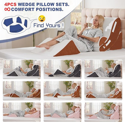 Orthopedic Bed Wedge Pillow Set 4PCS – Memory Foam Pillows for Sleeping, Post Surgery, Back Pain, Sitting Up in Bed, Acid Reflux, Snoring, Leg & Arm Support, White Brown
