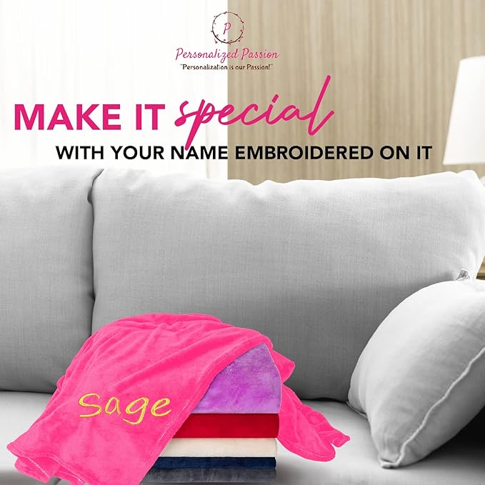 Personalized Blankets for Adults - Custom Blanket with Embroidered Name or Monogram - Soft Fleece Throw Cover for Bed & Couch - Hot Pink (60"x80")
