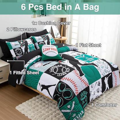 A Nice Night Sports Geometric Grid Black Patchwork Baseball Printed for Boys Queen 6Pcs Bed in A Bag Comforter Bedding Set,Green