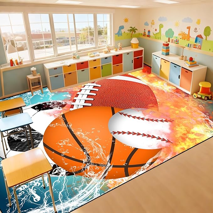 Basketball Rug 9'x12' - Basketball Rug for Boys Bedroom Kids Football Mat Water Fire Sports Rugs Boys Room Soccer Rugs Baseball Carpet for Playroom Living Room Bedroom Decor