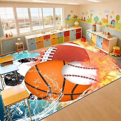 Basketball Rug 8'x10' - Basketball Rug for Boys Bedroom Kids Football Mat Water Fire Sports Rugs Boys Room Soccer Rugs Baseball Carpet for Playroom Living Room Bedroom Decor