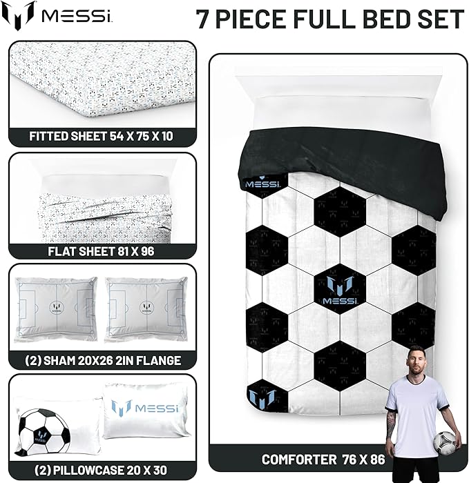 Jay Franco Kids Comforter Set Includes Sheets and Pillow Cover - Soft and Cozy Bed Set for Stylish Room Décor, White - Lionel Messi, 7 Piece Full