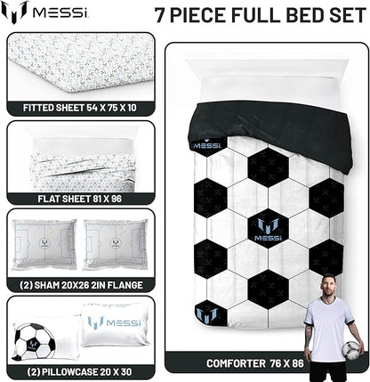 Jay Franco Kids Comforter Set Includes Sheets and Pillow Cover - Soft and Cozy Bed Set for Stylish Room Décor, White - Lionel Messi, 7 Piece Full