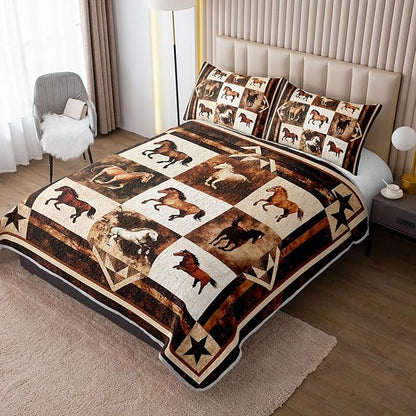Western Brown Galloping Horse Quilt Bedding King 3Pcs Rustic Farmhouse Horse Bed Set Wild Animal Retro Grid Pattern Bedspread Coverlet with 2 Pillowcases for Kid Boy Girl Teen Adult Room Decor