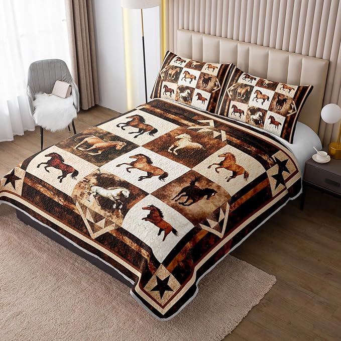 Western Brown Galloping Horse Quilt Bedding Twin 3Pcs Rustic Farmhouse Horse Bed Set Wild Animal Retro Grid Pattern Bedspread Coverlet with 2 Pillowcases for Kid Boy Girl Teen Adult Room Decor