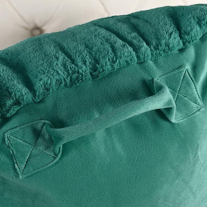 Home Soft Things Fox Faux Fur Bedrest Reading Pillow with Handle and Side Pocket, 20" x 18" x 17"，Teal Green Backrest Armrest Pillow Chair Back Support for Sitting up in Bed
