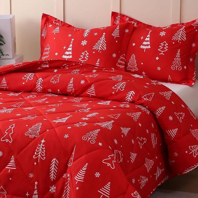 JSD Red Kids Christmas Comforter Set Full Size, 3 Piece Xmas Tree Printed Microfiber Bedding Set, Machine Washable