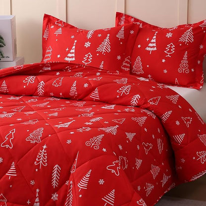 JSD Red Kids Christmas Comforter Set Full Size, 3 Piece Xmas Tree Printed Microfiber Bedding Set, Machine Washable