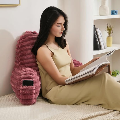 Faux Fur Fluffy Dusty Rose Reading Pillow with Pockets, Luxury Striped Plush Decorative, Arm Rests and Back Support for Bed Rest, Lounging on Sofa, Extra Large Size for Adult.