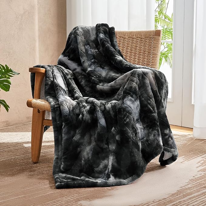 Electric Heated Throw Blanket 50"x60",Luxury Black Faux Rabbit Fur Electric Blanket,Fast Heating Soft Fluffy Thick Electric Blanket with 6 Heating Levels & 12H Auto Off