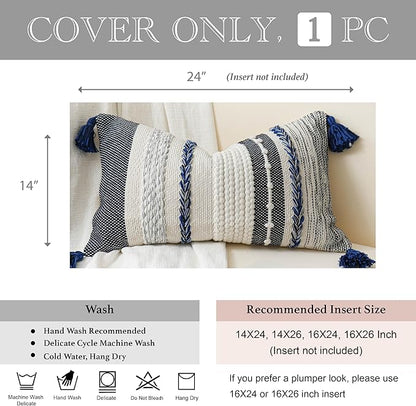 BlissBlush Decorative Lumbar Throw Pillow Cover 14x24 Boho Dark Blue Accent Cushion for Couch Sofa Farmhouse Pillowcase for Bedroom Living Room Home Décor Cover ONLY