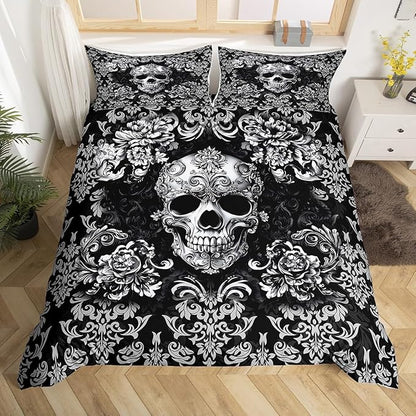 Gothic Skull Bedding Sets Full Size,Halloween Flower Skull Duvet Cover Set for Kids Boys Girls Teen Bedroom Decor,Black Grey Vintage Damask Quilt Cover Retro Floral Comforter Cover,2 Pillowcases