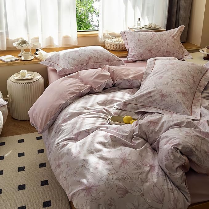 AOJIM Aesthetic Pink Duvet Cover Set with Gardenia Patterns for Room Decor, Pure Cotton Comforter Cover Set 3pcs for Kids Adults, 1 Soft Cozy Printed Quilt Cover Queen Size and 2 Pillowcases