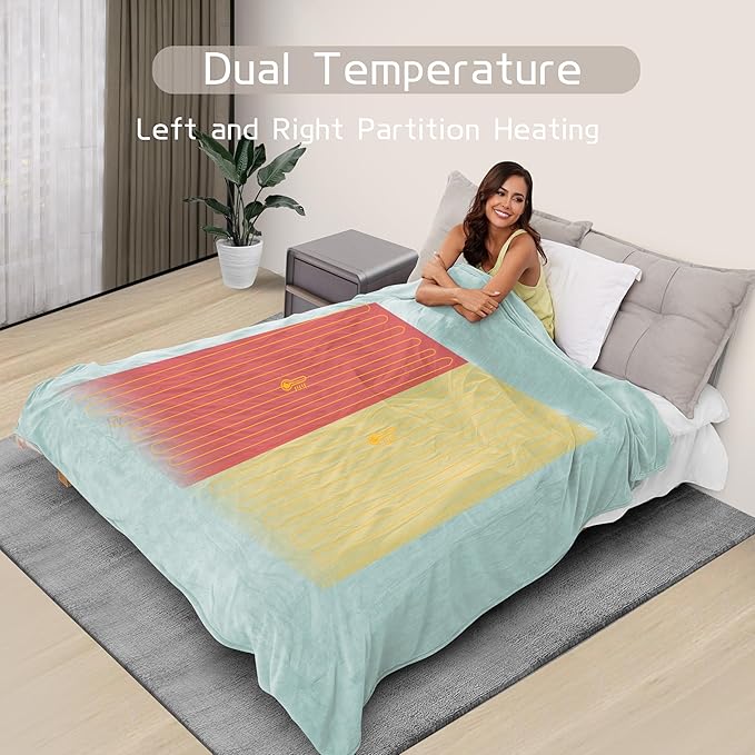 Electric Heated Blanket 90"x100" King Size, Soft Coral Fleece, Dual Controllers with 4 Heating Levels and 10 Hours Auto-Off, Machine Washable, Cozy Plush Fabric for Home, Mint Green