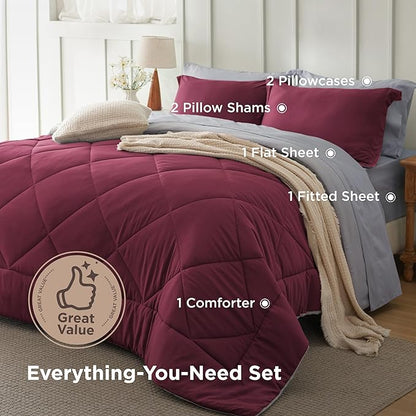 Bedsure California King Comforter Set - 7 Pieces Reversible Burgundy Bedding, California King Size Bed Set for All Seasons, Bed in a Bag with Down Alternative Comforter, Sheets, Pillowcases & Shams